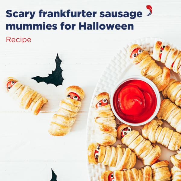 scary frankfurter sausage mummies for Halloween 